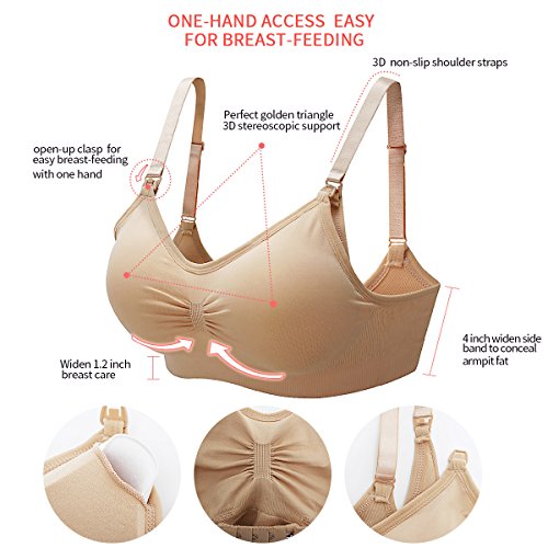 MOVWIN Full Bust Seamless Nursing Maternity Bras Bralette in One-Hand Access, Breastfeeding Bra with Extra Bra Extenders & Clips (L Fit 36BC 34CD 38AB, 2 Beige)
