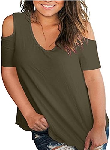 GOCHIC Women's Summer Casual T Shirt V Neck Cold Shoulder Short Sleeve Tops Tshirt Army Green S