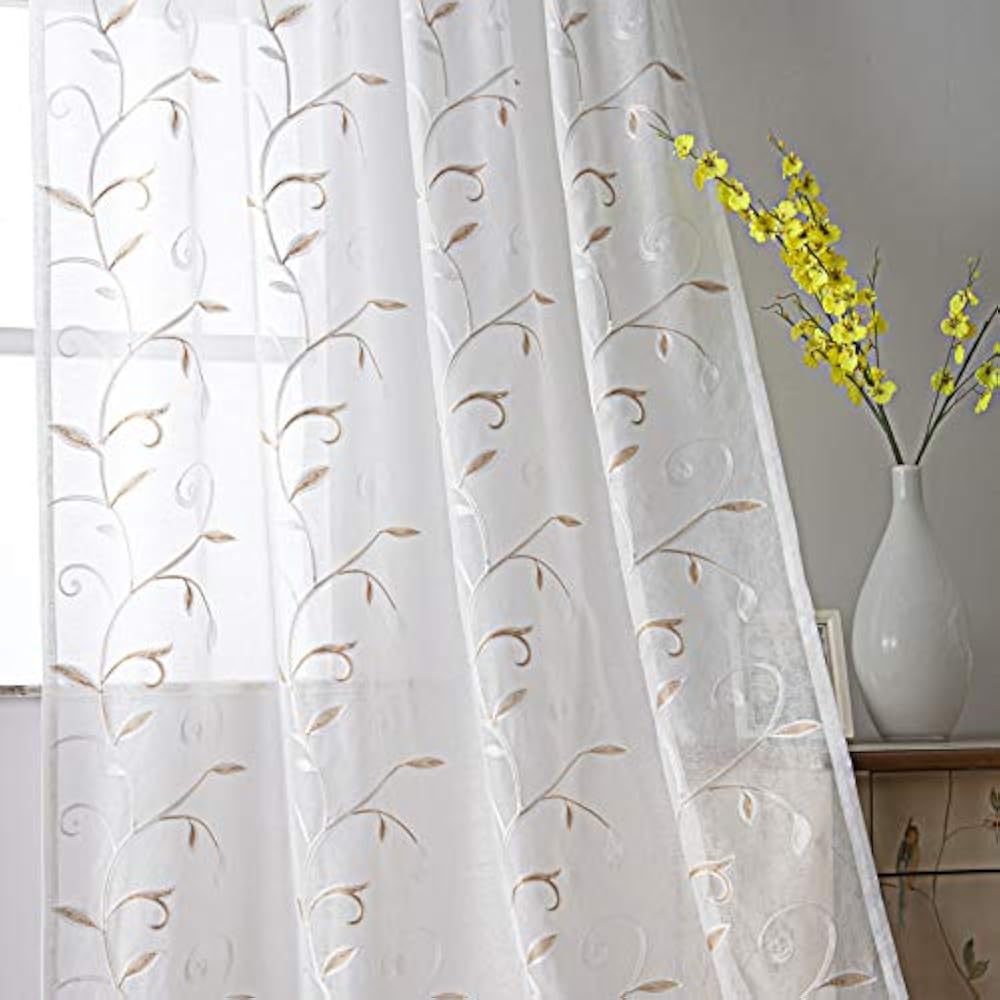 White Sheer Curtains Beige Leaves Embroidery Faux Linen Rod Pocket