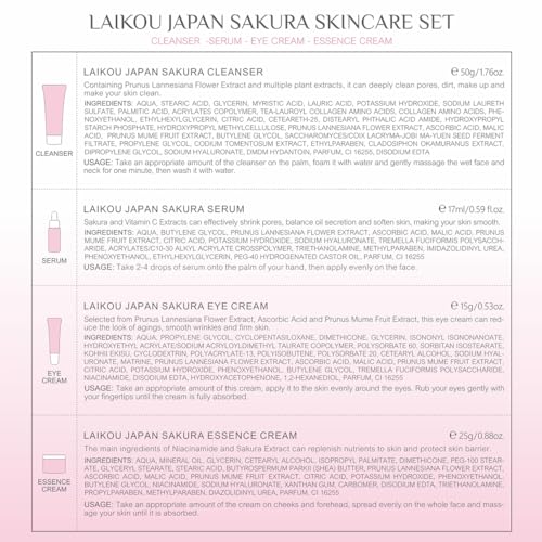 LAIKOU Sakura Skincare Set, 4 PCS Skincare Gift Set Women - Cleanser, Serum, Eye Cream, Face Cream, Skincare Gift Set for Women Teenage Girls Mom Daughter