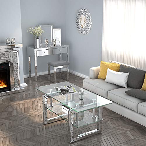 Mecor Mirrored Coffee Table with 2 Tier Glass Boards & Sturdy MDF Legs