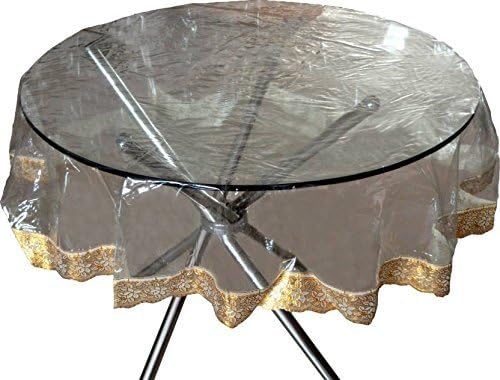 6 Seater Griiham 100gsm Transparent Round Table Cover with Assorted Coloured Heavy Lace Border Size 72 inches