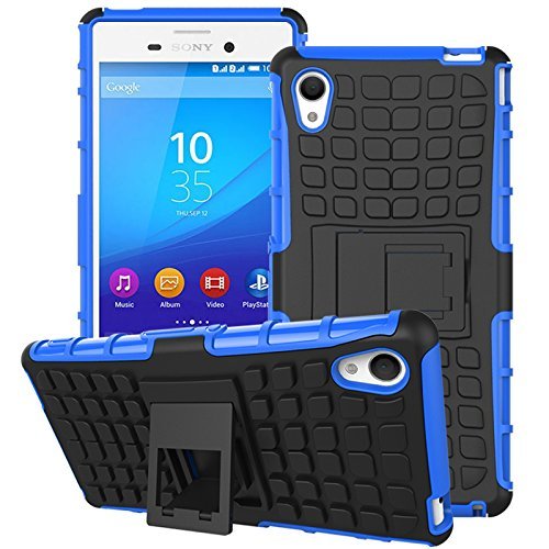 Sony Xperia M4 Aqua Case,Mama Mouth Shockproof Heavy Duty Combo Hybrid Rugged Dual Layer Grip Cover with Kickstand For Sony Xperia M4 Aqua (With 4 in 1 Free Gift Packaged:Black Stylus Touch Pen,Black Silicone Fish Headset Wrap,Black Micro USB Port Anti Dust Plugs,Black 3.5mm Headphone Jack Anti Dust Plugs), Blue