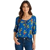 Star Vixen Women's 3/4 Sleeve Peasant Elastic-Hem Keyhole-tie Top, Pale Blue Floral, Large