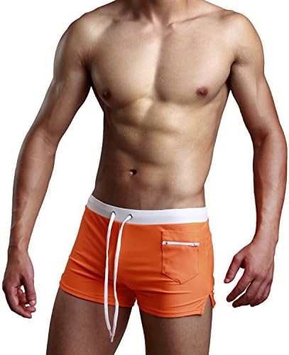 Nynelsong Men's Bikini Swimming Trunks Swimwear Quickdry Briefs Beach Shorts With Pocket, Orange-M
