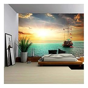Beautiful Sunset Over Yacht in The Sea - Removable Wall Mural | Self-Adhesive Large Wallpaper - 66x96 inches