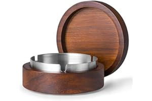 AZOFIA Wooden Ashtray with Lids, Windproof Cigarette Ashtray Smokeless for Indoor or Outdoor, Ash Holder for Patio Desktop Office Smokers, Ash Tray for Tabletop Home Office Décor (Round-Silver, M-Size)