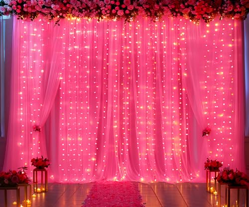 Fotohintergrund aus Tüll, 6 m x 3 m, Hot Pink, mit Lichterkette, für Partys, Hochzeit, durchscheinender Fuchsia-Vorhang, Hintergrund für Geburtstagspa
