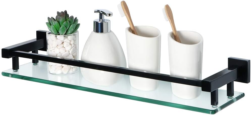 SAYAYO Tempered Glass Shelf Square Bathroom Shelf with Rail Wall Mounted 20 inches, Stainless Steel Matte Black, EGC2000-B