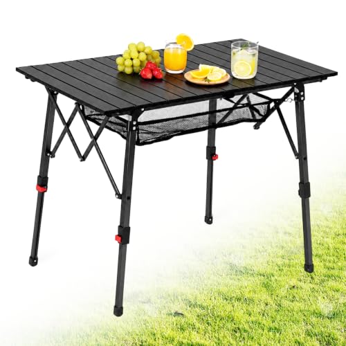 HAUSPROFI Camping Table Foldable Aluminium Height Adjustable 93 x 53 cm Folding Table with Roll-Up Table Top Carry Bag & Mesh Bag for Camping Picnic Garden Balcony Outdoor Black Model 2026