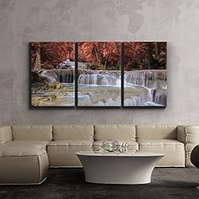 3 Piece Canvas Print - Secluded Waterfall Surrounded by Exquisite red Trees - Giclee Artwork - Gallery Wrapped Wood Stretcher Bars - Ready to Hang 16"x24"x3 Panels