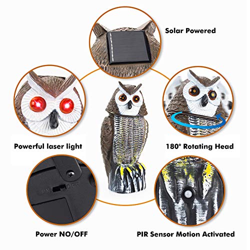 Redeo Solar Powered Owl Decoy Scarecrow Bird Repellent with Flashing Eyes & Scary Sound