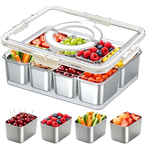 Kezidhp Snack Box con Cuencos Aperitivos - 8 compartimentos de acero inoxidable, con tapa, recipiente portátil con asa, para snacks, caramelos, galletas, verduras, frutos secos, frutas, especias