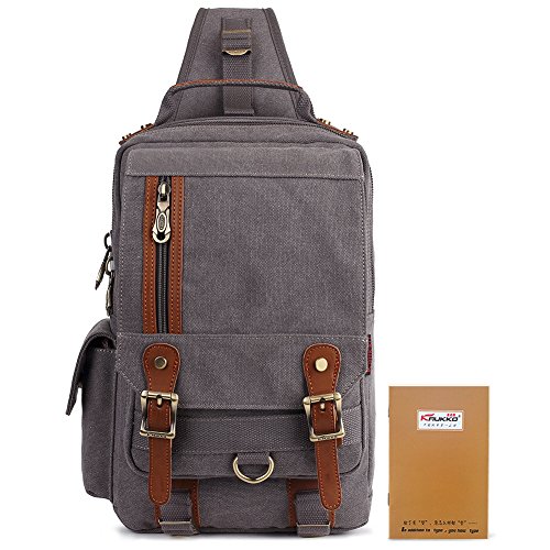 KAUKKO Canvas Leather Outdoor Sling Bag Cross Body Messenger Bag Multipurpose Shoulder Backpack Daypack Grey