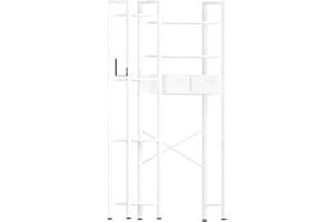 AUBEATY Over The Toilet Storage with 2-Drawer, Metal Bathroom Organizer with 7 Tier Adjustable Shelf & Freestanding Space Saver Storage Rack Above Toilet Stand with Hooks for Restroom, Laundry White