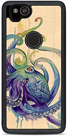 Pixel 2 Katy Lipscomb Octopus Print Wood Traveler Protective Case by Carved, Unique Real Wooden Phone Cover (Rubber Bumper, Fits Google Pixel 2)
