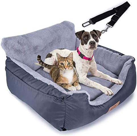 Pet Booster Car Seat, Dog Travel Car Carrier Bed with Storage Pocket and Clip-On Safety Leash, Non-Slip Car Seat Dog Bed for Dog, Cat, and Any Pets Under 25 Pounds