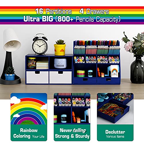 Desk Organizer and Accessories with 4 Drawers & 16 Compartments Twice Capacity - Art Supply Organizer for Home, School, Office Supplies, FSC Certified Cardboard, DIY Project, Easy Assembly, Blue