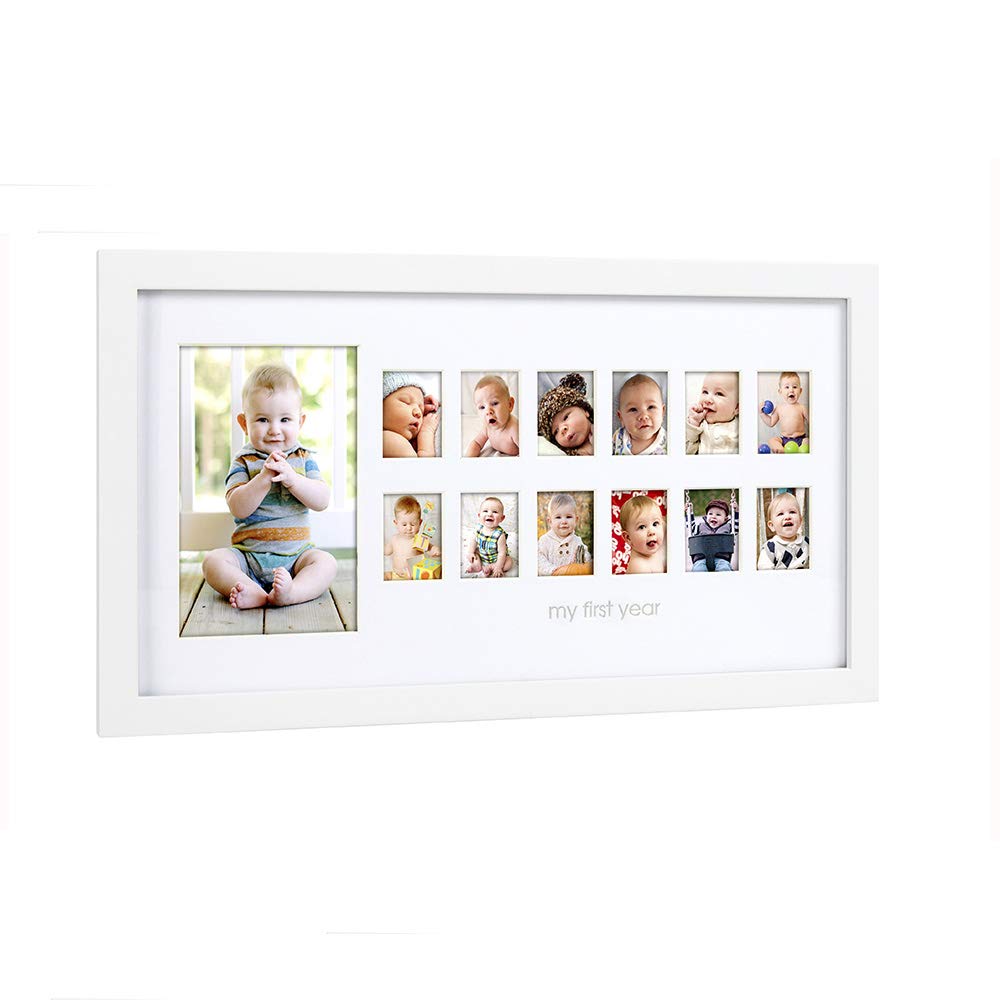 Pearhead Photo Moments Keepsake, My First Year Multi-Photo Frame, Holds 13 Photos - Perfect First Birthday Accessory for Baby's Birthday Celebration, Gift for New Mum, White