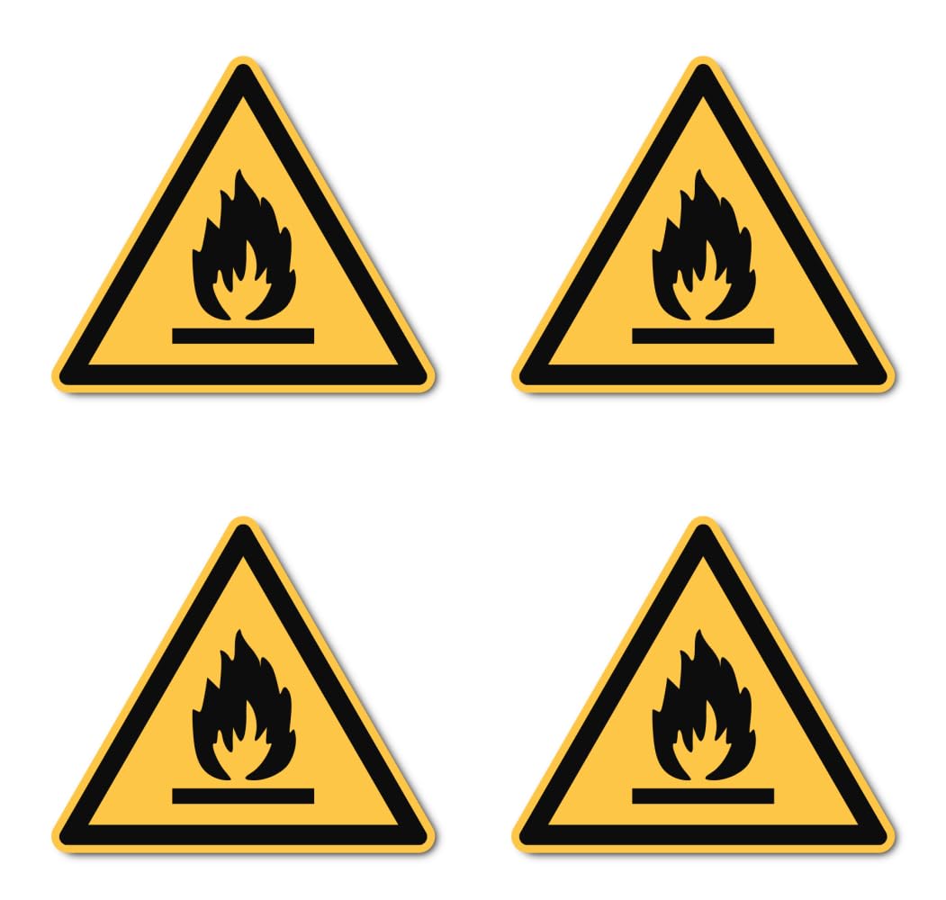 Warning of fire hazardous substances: W021 - DIN EN ISO 7010 / ASR A1.3 - Stickers: diameter 10 cm, pack of 4