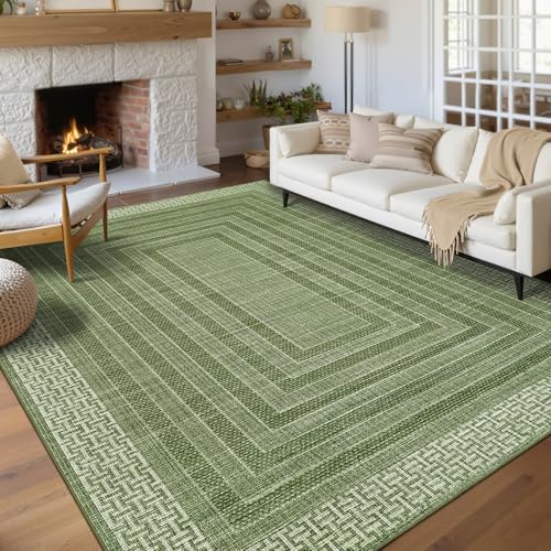 GarveeHome Washable 5x7 Area Rug for Living Room, Green Geometric Bordered Bedr…
