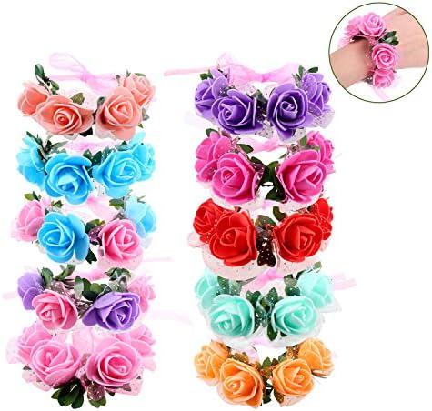 Yaafee 10pcs Wedding Wrist Flower for Bridesmaid with Elastic Lace Wristband for Fairy Girl Bridesmaid Wedding Wrist Corsage Party Hand Flower with Adjustable Ribbon Wedding Festivals(10 Color)