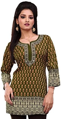 Women's Printed Long Sleeve Indian Kurti Tunic / Top 3XL(48) Olive Green