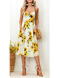 Aro Lora - Vestidos casuales sin mangas de verano con estampado floral y hombros descubiertos para mujer