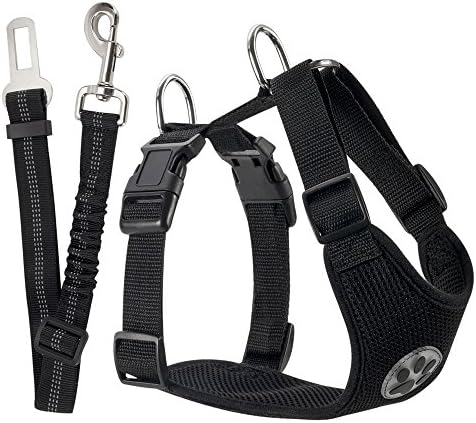 Nasus Dog Car Harness Plus Connector Strap, Adjustable Double Breathable Mesh Fabric Vest Harness with Safety Seatbelt in Vehicle for Dogs Road Trip Daily Walks (Small, Black)