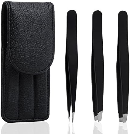 Wishesport Tweezers Set, Precision 3 Pcs Slant Flat Pointed Professional Stainless Steel Tip Hair Tweezers with Travel Case, Best Eyebrow Tweezers and Ingrown Hair Remover for Women and Men (Black)