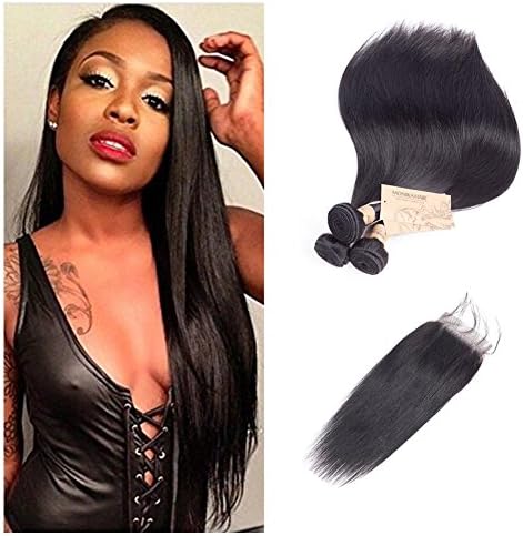 MONIKAHAIR 9A Brazilian Hair Straight Hair 3 Bundles with Free Part Closure 100% Unprocessed Human Hair Weave Weft (14 16 18+14in Closure, 300g) Black Natural Color Virgin Remy Human Hair Extenions