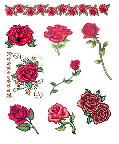 Day of the Dead Red Roses Temporary Tattoos - Set of 9
