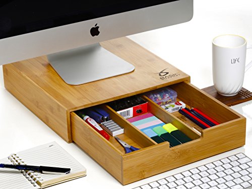 Monitor stand organizer - Splinter Boost - Bamboo wood desk computer stand with storage drawers