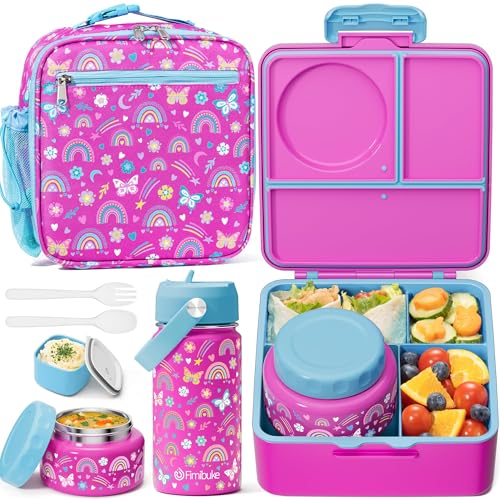 Fimibuke Kids Bento Lunch Box with Thermos, Leakproof Toddler Bento Box with 8.5 OZ Insulated Food Jar, Lunch Bag, Kids Water Bottle, 3 or 4 Compartment Container for Back to School Toddler Girls Boys