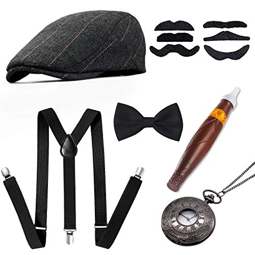 1920s Men Accessories Gatsby Gangster Costume Accessories Set Newsboy Flat Hat Y-Back SuspendersTied Bow Cigar Mustache Vintage Pocket Watch Grey - Thumbnail 6