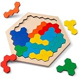 Coogam Wooden Hexagon Puzzle for Kid Adults - Shape Pattern Block Tangram Brain Teaser Toy Geometry Logic IQ Game STEM Montessori Educational Gift for All Ages Challenge