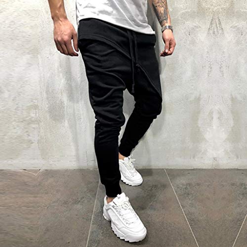 AgrinTol Mens Sports Pants, Men's Spring Winter Joggers Solid Patchwork Drawstring Sweatpants Trouser Pants Black