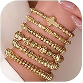 Rrdaily Gold Bracelets for Women, 14k Gold Plated Beaded Bracelets Charm Cross Bracelets Stackable Adjustable Stretch Bracelets Jewelry Gifts