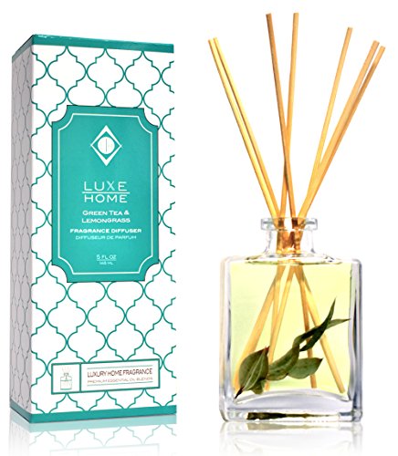 Luxe Home Green Tea & Lemongrass Essential Oil Reed Diffuser | Scent Notes of Valencia Oranges, Lemongrass and Fresh-Cut Greens | Makes a Pretty for The Home