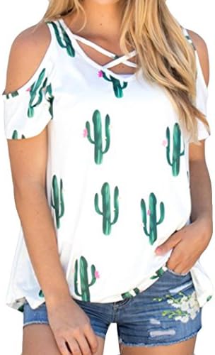 Anxinke Women Casual Cactus Printed Cold Shoulder Short Sleeve Loose Tee Shirts with Pocket (L)