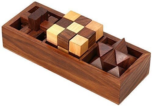 MOJO PANDA Includes Wood Interlocking Blocks, Diagonal Burr, and Snake Cube in Storage Wooden Puzzle Games Set-for Teens and Adults(Brown)- Set of 3