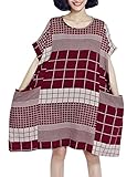 ELLAZHU Women Summer Plaid Loose Plus Size Short Sleeves Dress GA621 Red