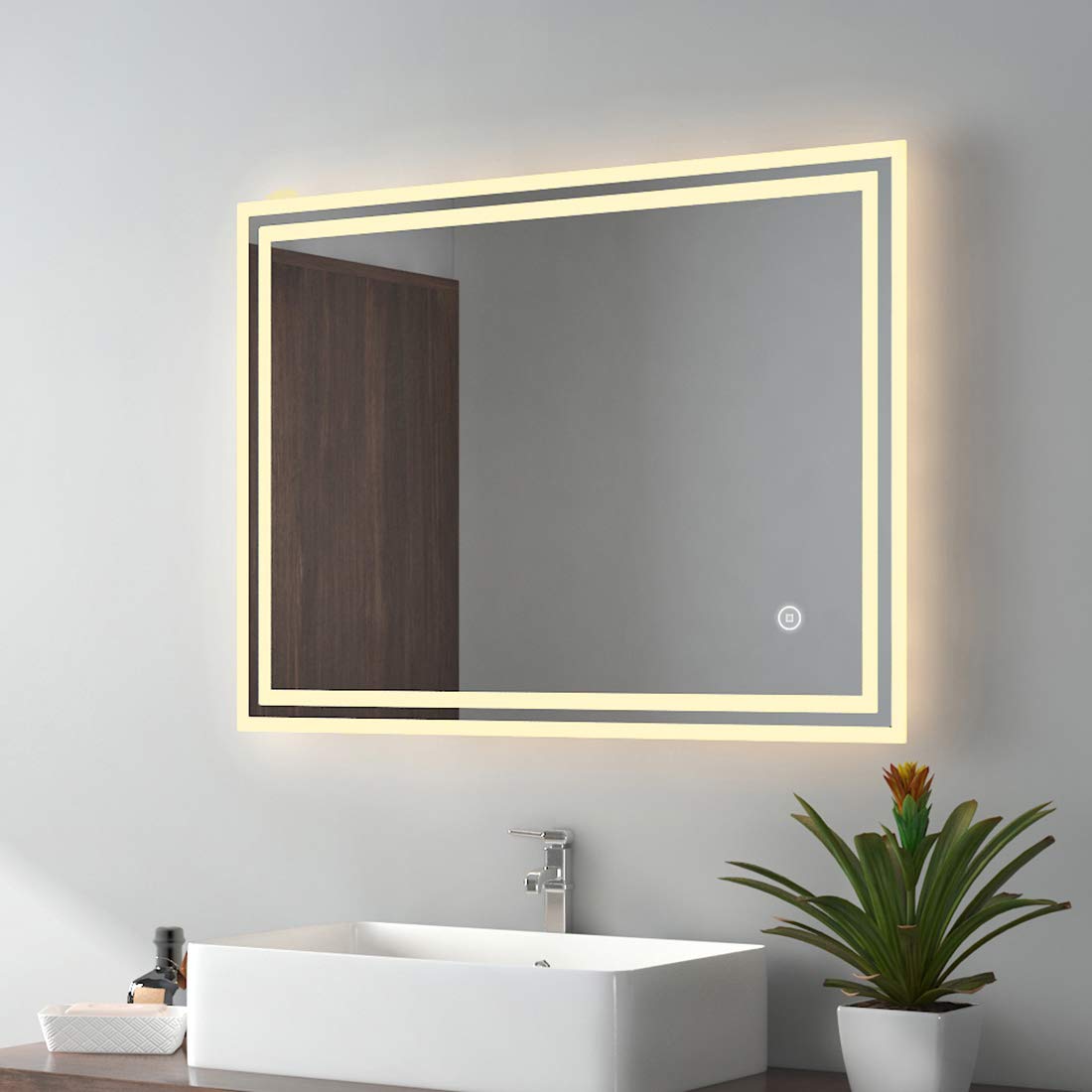 EMKE Illuminated LED Bathroom Mirror with 3 Lighting Mode - 800 x 600mm Wall Mounted Vanity Makeup Mirror with Dimmable and Touch Switch, Demister Pad