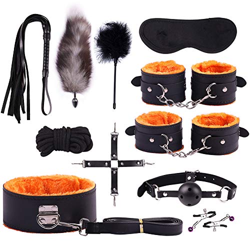 11 Piece Leather Bondage Restraints Set Kit for Bed and Under Bed Sex Play SM Bondage Toy Gear Wrist Cuffs Gags Collar Spanking Nipple Rope Strap On Harness for Women Couples Lesbian Female,Orange