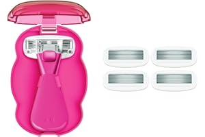 Athena Club Women's Mini Travel Razor Shave Kit, 1 Mini Travel Razor Handle + 5 Blade Refills, Super Pink