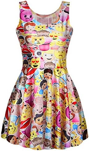 Xsen Emoji Cartoon Smiling Face Printed Digital Dresses Flare Pleated Dresses, Multi 2, size M