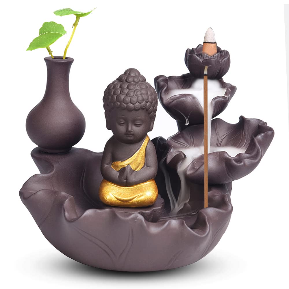 VOHESEA Incense Holder, Golden Buddha Waterfall Backflow Incense Burner, Ceramic Incense Burner for Family, Office, Bedroom Decoration