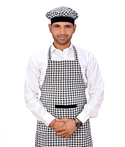 Switchon Cotton Check Kitchen Apron with Cap, 22-inch (Black and White)