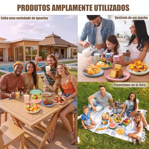 Kit 16 Conjunto de Louça de Palha de Trigo, Conjuntos de Pratos e Tigelas de Plástico Inquebráveis, Conjunto de Louça Inquebrável para 4, Pratos de Jantar Reutilizáveis e Seguros