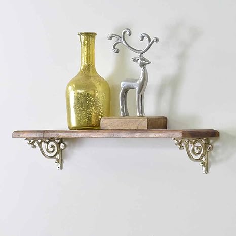 Casa Decor Mango Wood Wall Shelf with Silver Wall Bracket Ornate Pattern Cast Iron Brace